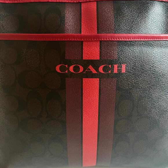 COACH Signature Leather Racing Stripe, Brown and Red, AUTHENTIC Crossbody - Picture 8 of 16